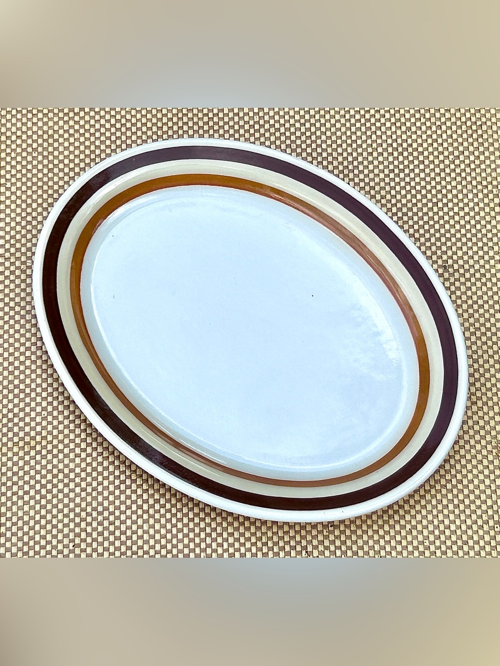 1970s Vintage Brown Orange Striped Oval BUFFALO CHINA Restaurant Plate